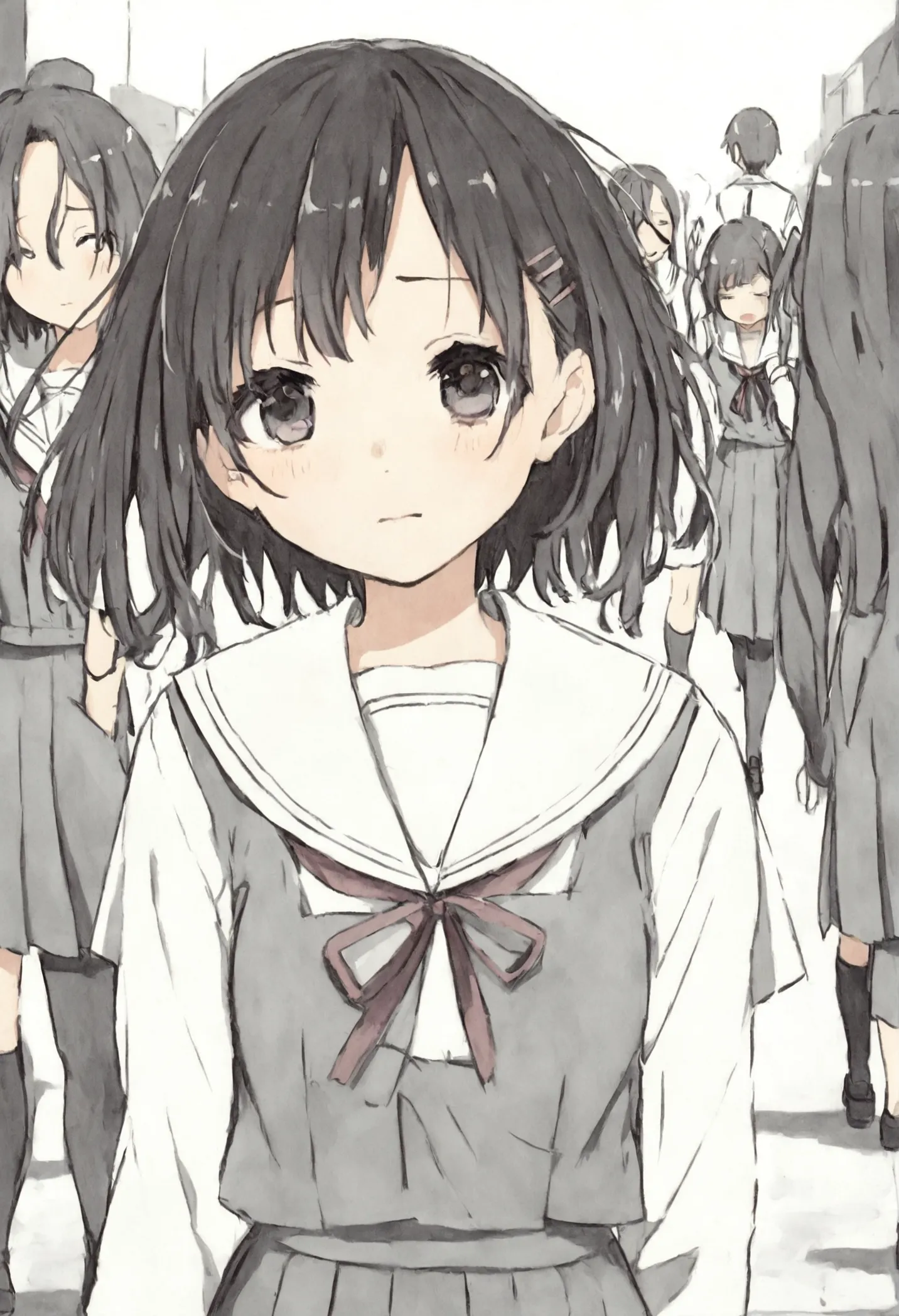 short-haired teenager , black and sad ,  with school uniform ,  walking away from her friends . in the background of a schoolyar...