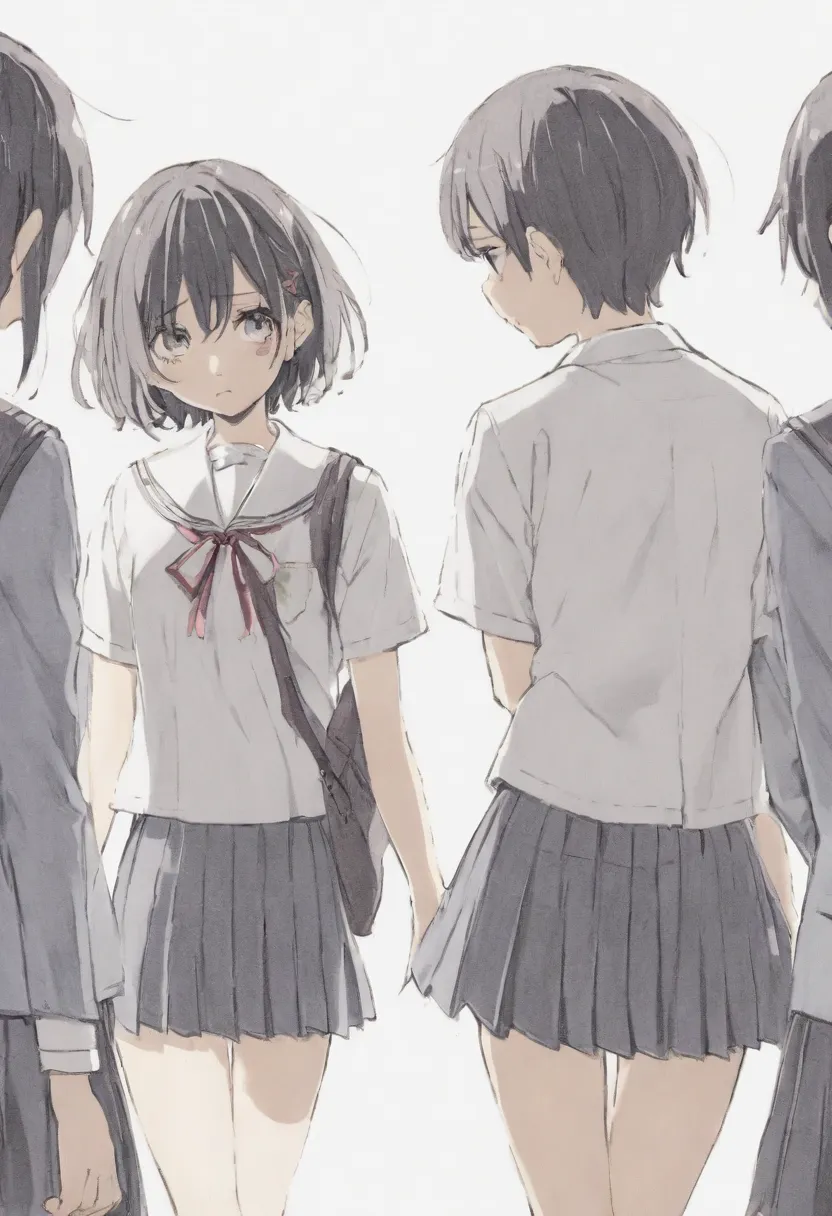 short-haired teenager , black and sad ,  with school uniform ,  walking away from her friends . in the background of a schoolyar...