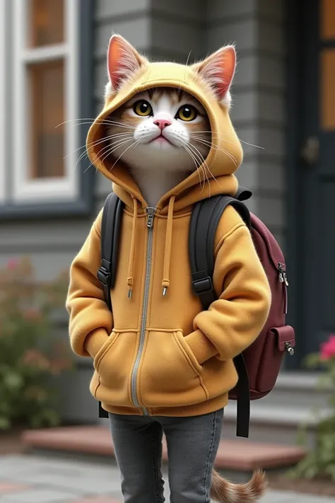 a cute little cat wearing an oversized hoodie with gray jeans and backpacks in from of a building realistic 