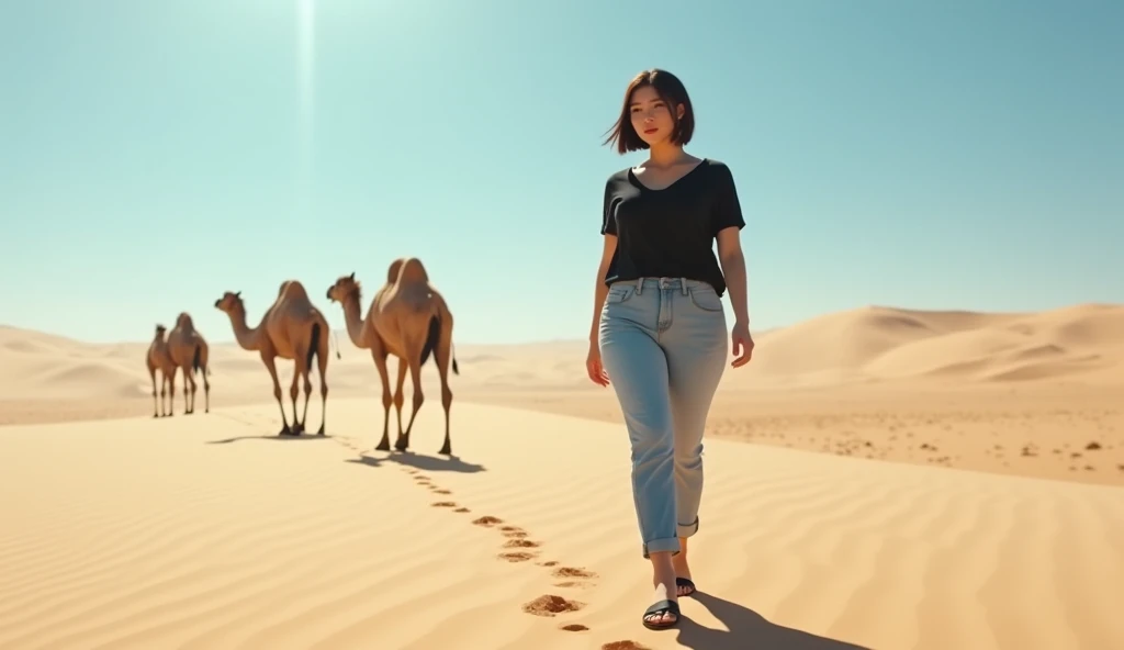 Korean woman in her 40s ,(  big and firm breasts )、 Sexy body 、Beautiful hips,  Transcendent beauty ,  A woman is walking towards the oasis .  side emphasizes the womans body and style, and ,  Camels are walking along the path . 여성이 걷는 footsteps이 모래에 남겨지며,...