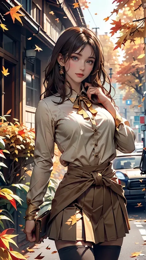 woman, kind。((shy smile:1.5)),  elegant , ( best quality), (masterpiece), ( Very detailed), (4K)((white long sleeve button up blouse_brown pleated mini skirt;1.5))((Super long brown hair reaching to her waist:1.4)), ((autumn, Golden Leaf, A road where fall...