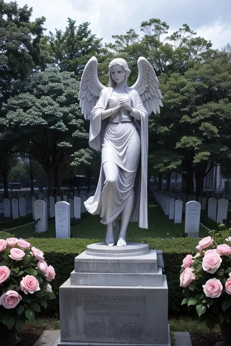  Professional photograph of a pink quarry mausoleum ,  in the upper part an archangel of the same material carved in a perfect shape making the sign of keeping silent by placing your finger Index of your right hand over your closed mouth.  Two vases on the...