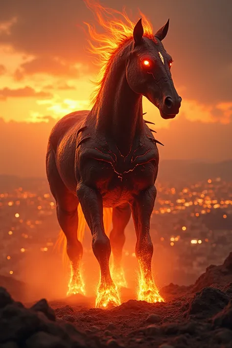 a striking depiction of a fiery, mythical horse with a dark, armor-like body glowing with molten cracks, resembling magma or lava. The creatures eyes are lit with an intense, menacing orange glow, and sharp, jagged details accentuate its body, including sp...