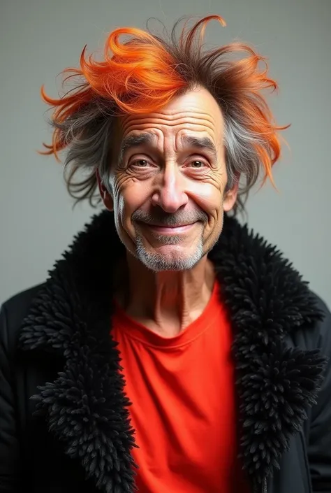  old boy with orange and black hair in red t-shirt and black furry jacket