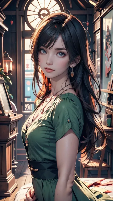  close-up of a woman in a green dress and necklace, Guweiz-style work ,  realistic animated 3D style ,  beautiful anime portrait ,   ANIME REALISM STYLE  ,   anime girl , Beautiful character paintings, Jan J,  Stunning Anime Face Portraits ,  realistic ani...