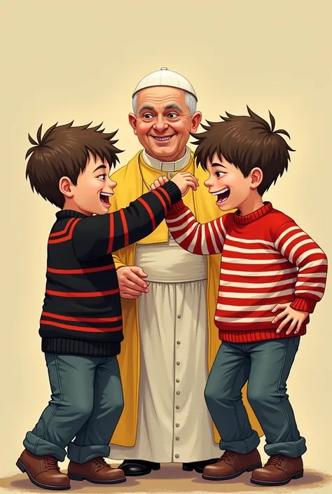 Two ren fighting,  one wearing a black and red sweater and the second boy wearing a sweater with parallel stripes red and white,  their dad sees them with a smile the pope wearing a yellow sweater  