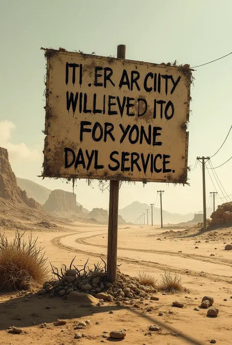  A post-apocalyptic desert with a sign that says"We need blowjobs " 