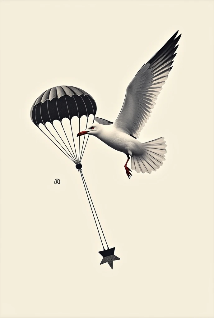 Small stylized flying seagull tattoo with black and white parachute 
