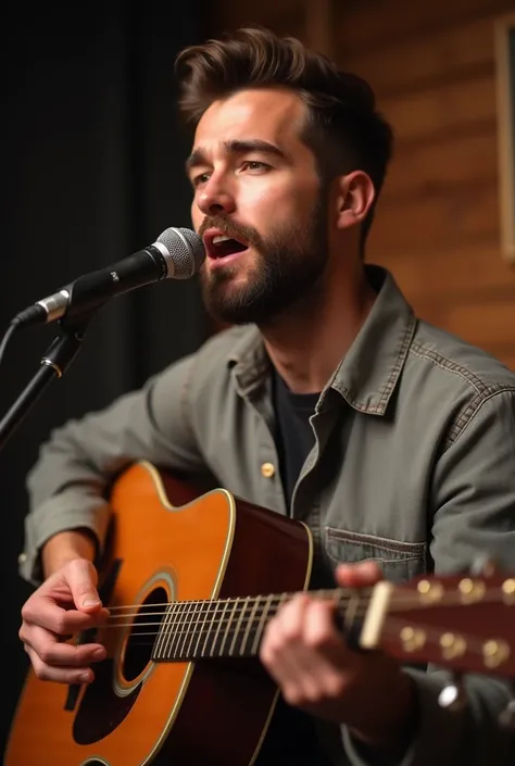 Brunette man with short beard and short hair singing and playing the guitar 