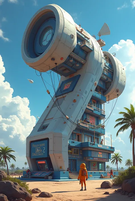 A house for a GAMER character that is shaped like a giant joystick. That its not a building