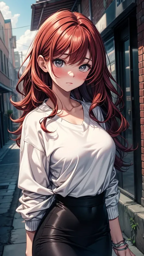 ((masterpiece, best quality:1.3, high detail)), beautiful woman, looking at viewer, long wavy hair, (dark red hair), full-face blush, (white oversized sweatshirt), wrinkled fabric, (long black midi pencil (skirt)), bracelets, collarbone, outdoors, (cloudy ...