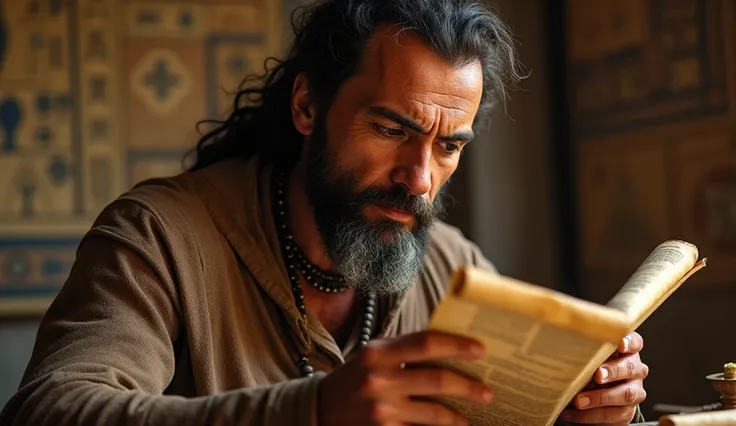 Joseph Reading a Scroll: A close-up half-body shot of Joseph holding an ancient scroll, his eyes focused and intense as he reads. The background features an ancient Egyptian study setting with papyrus scrolls and symbolic artifacts, representing the contin...