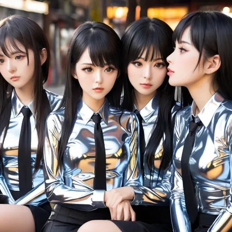 Japanese 4 girls buttoned in extremely tight shiny silver latex blouse, Necktie,Lens reflection, Reflected light, Are in town sitting on the bench, langes Haar,  black hair, kiss, 