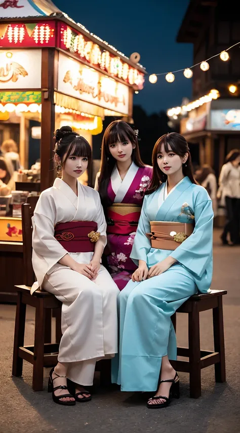 8k, masterpiece,  super detailed,  High Quality , 最 High Quality ,  high definition ,woman,( full body photo), Movie Lighting, Three Girls Seated in the Correct Position ,(1人のwoman),(( beautiful woman wearing a kimono at the fair)),,Mr.々Kimono with a patte...