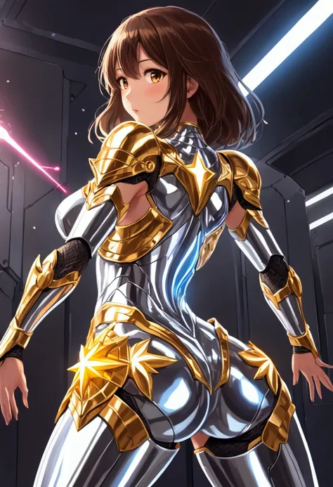 a cute woman (cute, amazing butt, sexy glowing mirrored armor, star and sun motif, she is a super hero focusing lasers with her mirrors) action poses, battling robots Tokyo
