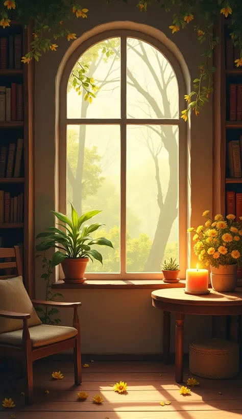 A relaxing and peaceful scene, with many prominent elements. The scene is framed by a rustic window, providing a glimpse of a warm, misty natural background, perhaps a garden or park. A small pot of yellow flowers is placed, adding a touch of nature and br...