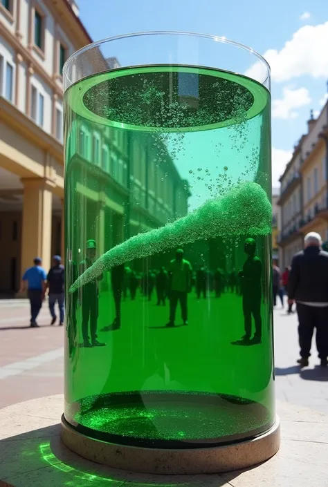 Create a cylindrical object 50 cm in diameter and 2 meters high that has a green liquid with bubbles inside it and will have a solar panel create it with a human scale with the measurements said and that is located in the Plaza 14 de Septembre in Cochabamb...