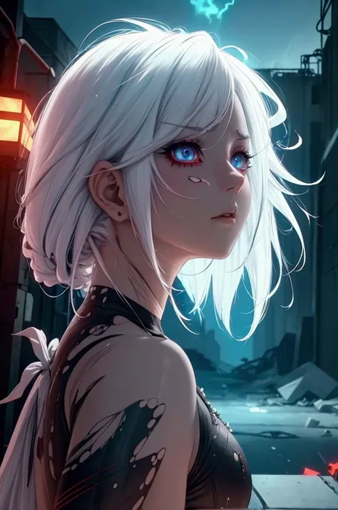 a confident woman with bright white hair, an irritated expression, electricity surrounding her, in a devastated environment, wearing torn clothes, anime style, (best quality,4k,8k,highres,masterpiece:1.2),ultra-detailed,intricate details,cinematic lighting...