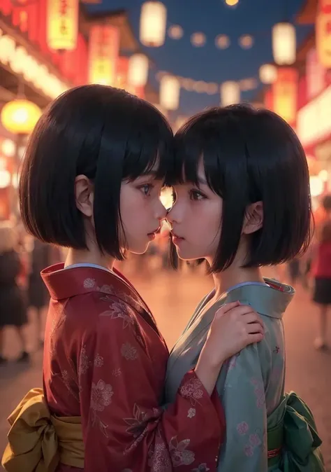 Twins girls, Double girls, Black short bob with long Bangs, realistic photography,(8k),((skinny legs), ((Hug)), (Kiss in the cheek) detailed face, detailed skin, profissional image, shy girls, girls with kimono, cute girls, (background de festival japonês)...