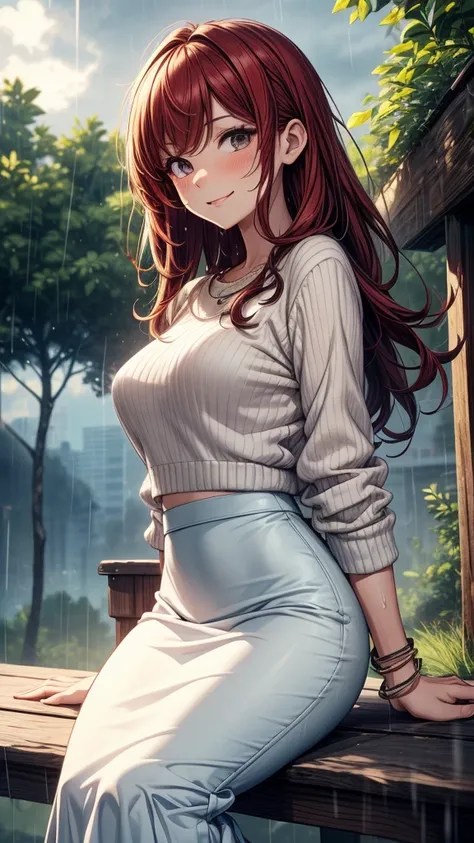 ((masterpiece, best quality:1.3, high detail)), beautiful woman sitting, smiling, smirk, looking at viewer, long wavy hair, (dark red hair), full-face blush, (white sweater cropped), wrinkled fabric, (long black midi pencil (skirt)), (((((long skirt))))), ...