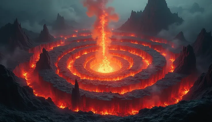 A conceptual and abstract depiction of the seven layers of hell, shown as concentric descending circles or levels in a surreal, otherworldly landscape. Each layer is represented by glowing, ominous colors, starting with fiery orange-red at the top and desc...