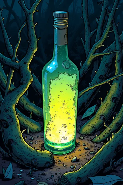  A dirty and old cachaça bottle,  with a fluorescent liquid inside , Thrown into the bush ;  comic book art style 