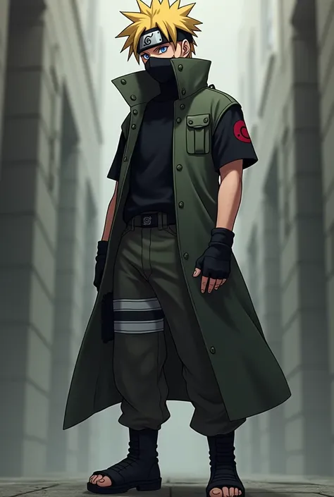 Uzumaki Naruto wearing a black shirt,  cargo pants, combat boots,  black fingerless gloves and a short-sleeved hooded trench coat that covered the upper half of his face