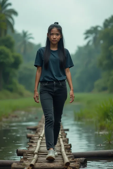 realistic, cinematic, Close-up, a beautiful Indonesian woman is crossing a small bridge made of bamboo with a background of river, trees and clouds. He wore a dark blue t-shirt, black jeans and sports shoes. She looked at the camera and had long black hair...