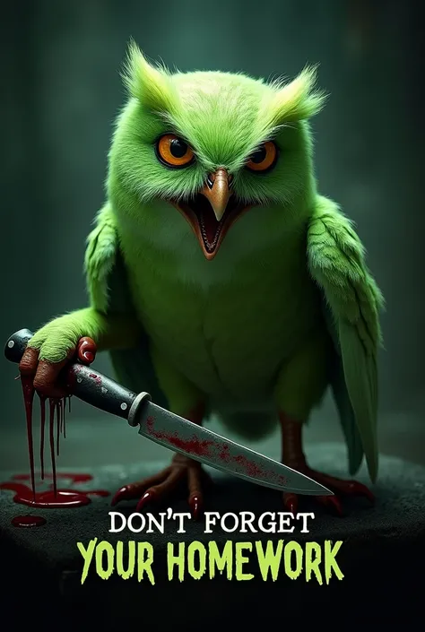 Green duolingo owl who is hold a bloody knife is angry and this is a movie poster and the movie name is dont forget your homework. This picture is good but the owl make green please
