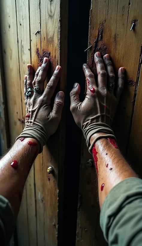 From the perspective of a survivor pushing against a heavy wooden door as zombies slam into it on the other side. The survivor’s gloved hands press desperately on the splintering wood, with nails and boards scattered nearby. Gnarled, bloody zombie hands pu...