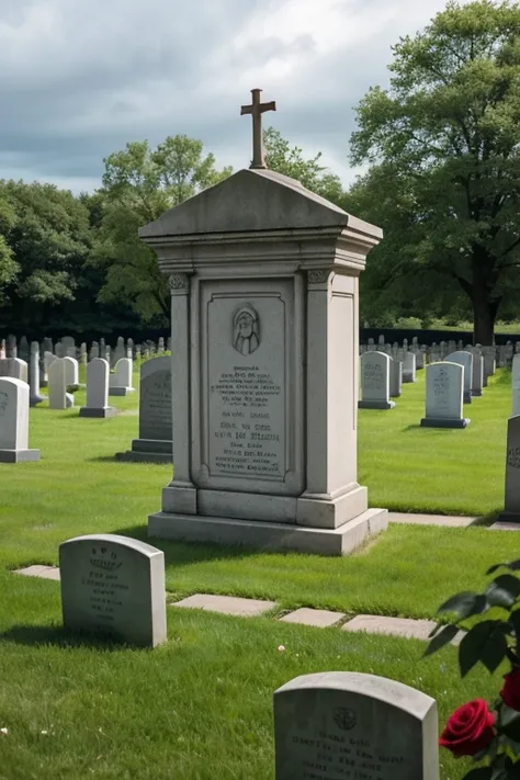  Professional photograph of a pink quarry mausoleum ,  in the upper part an archangel of the same material carved in a perfect shape making the sign of keeping silent by placing your finger Index of your right hand over your closed mouth.  Two vases on the...