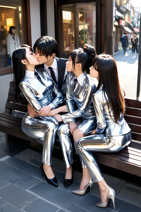 Japanese family in extremely tight shiny silver latex blouse buttoned, Necktie,Lens reflection, Reflected light, Are in town sitting on the bench, langes Haar,  black hair, kiss