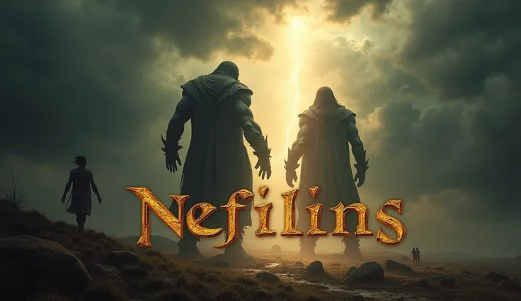 "A dramatic image of two giants looming over a biblical landscape, with stormy skies and intense lighting, showing a contrast between divine light and dark shadows. The text Nefilins: Anjos ou Lendas? in bold, ancient-style font."  