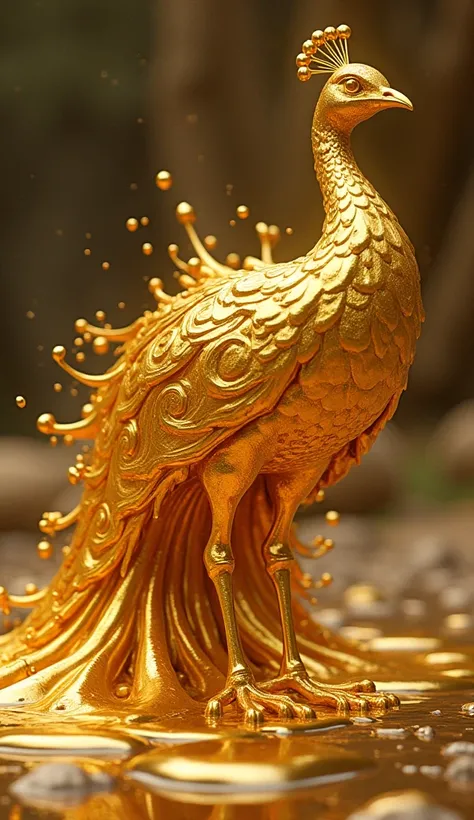 “A majestic swirling liquid gold made peacock, its entire body made of flowing swirling liquid gold, with drops splashing around as it moves, swirling liquid gold is dripping from body parts.”