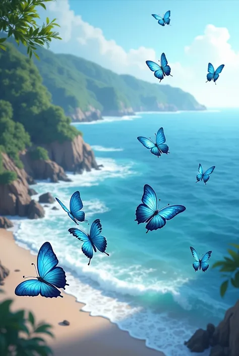 blue butterflies around the sea