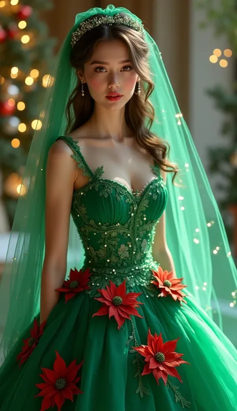 Beautiful Bride。 Green Dress and Veil with Christmas Tree Lights as Motifs。Poinsettia Ornaments 