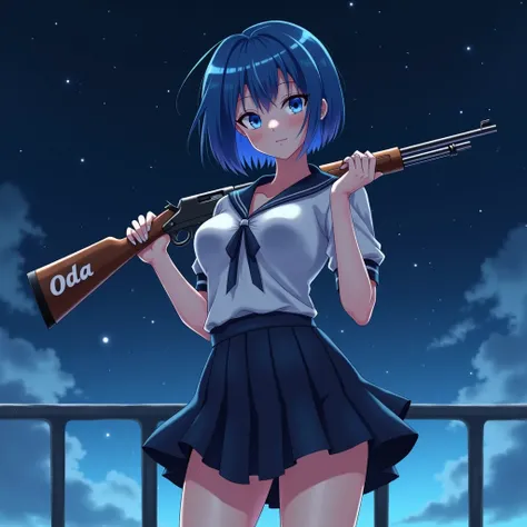 Anime Women。 blue hair 。 blue eyes。 short hair。JK clothes 。 glamorous and sexy 。Big Breasts。The feeling of looking down on people from the front。Against the backdrop of the night sky。 holding a rifle 。Write ODA on the rifle and look down on 