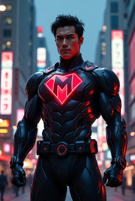 A Japanese superhero with the letter M on his chest
