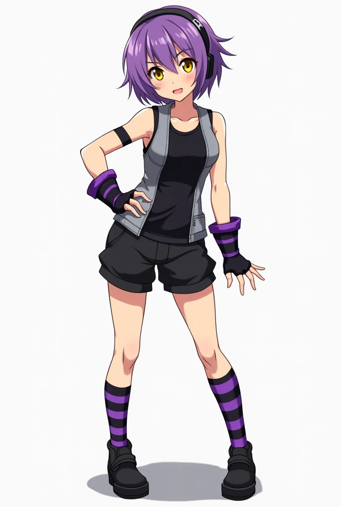 Draw my character , she is young,  has short purple hair ,  yellow eyes and a big serrated smile on her face .  She wears a black tank top ,  fingerless gloves striped in purple and black that go up to the elbow,  black shorts and purple black socks that g...