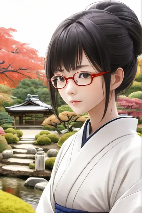  black hair, Glasses,  Japanese Kimono,  fall garden,  Japanese Garden,