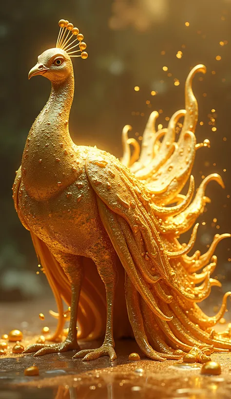 “A majestic swirling liquid gold made peacock, its entire body made of flowing swirling liquid gold, with drops splashing around as it moves, swirling liquid gold is dripping from body parts.”