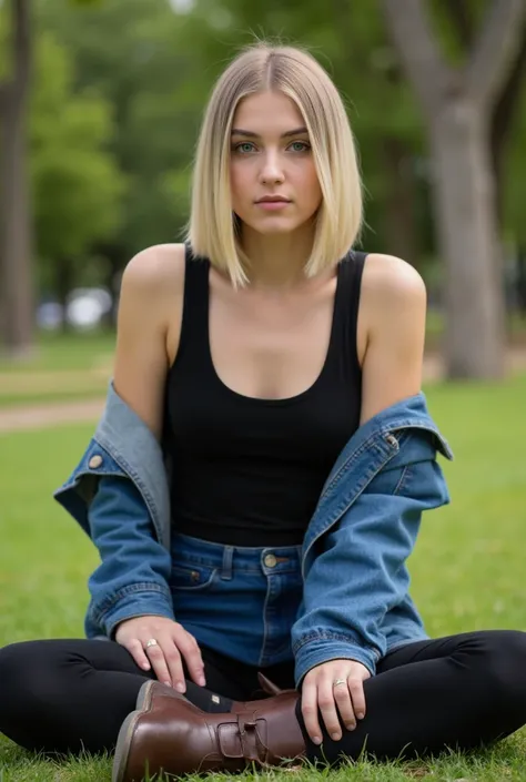 young woman,  challenging look ,  sky blue eyes, natural blonde, straight and asymmetric bob cut, denim jacket put on sleeveless open, slim, black jacket, (mangas blancas con 60 rayas slims grises horizontales:1.9), denim miniskirt,  tight black pants, bro...