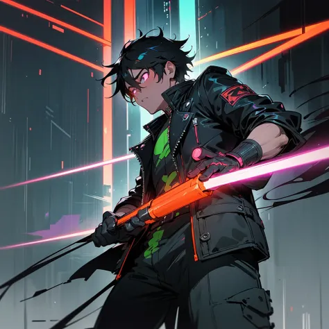 Line art detailed, anime, thick bold lines, Akira-inspired, vibrant colors, a rebellious hero with a black leather jacket and futuristic gear, standing in the middle of a neon-lit street with rain pouring down, his glowing visor reflecting the city lights,...