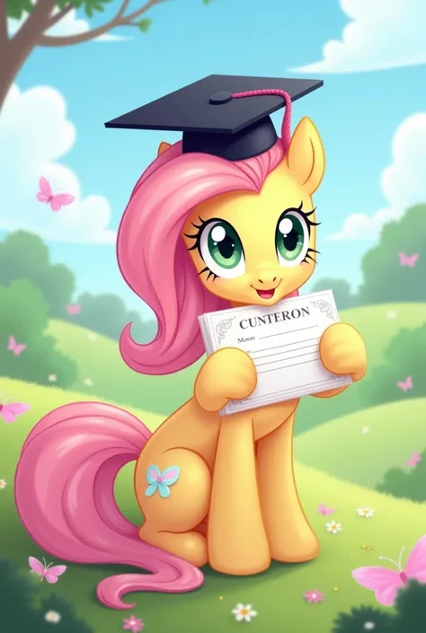 Fluttershy sitting embracing a graduation certificate and wearing a cap on her head 