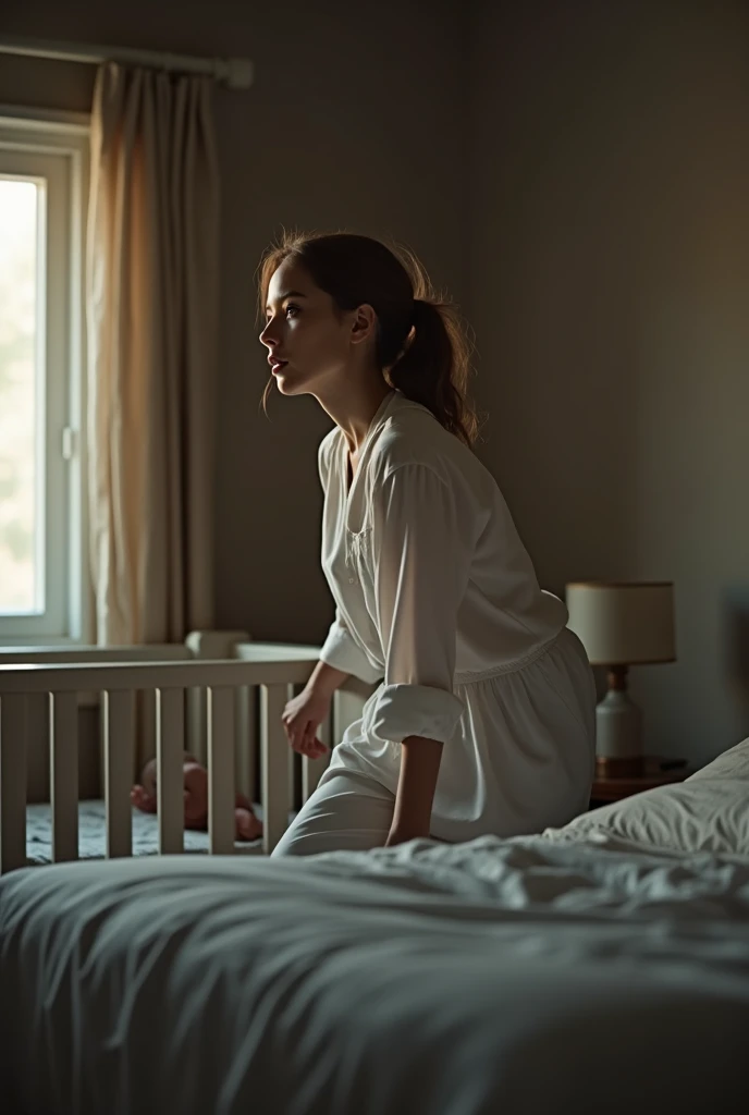 Awake woman  , Get up on the bed and look at the babys crib .  The scene is viewed horizontally with a sharp angle in a medium-short plane. 16:9