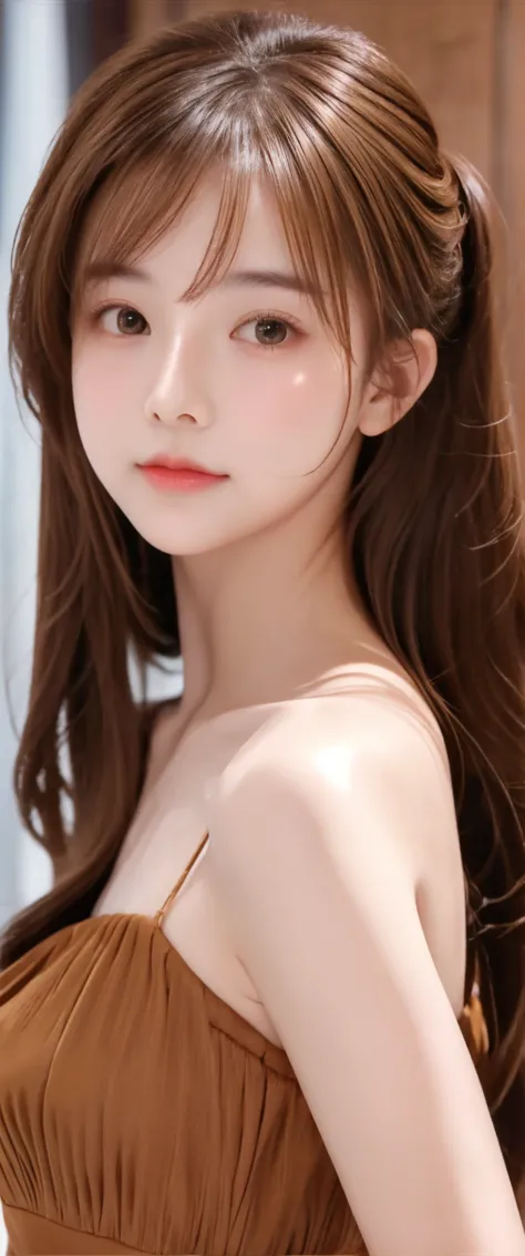 chignon hair,brown hair,slender body,cute pretty girl