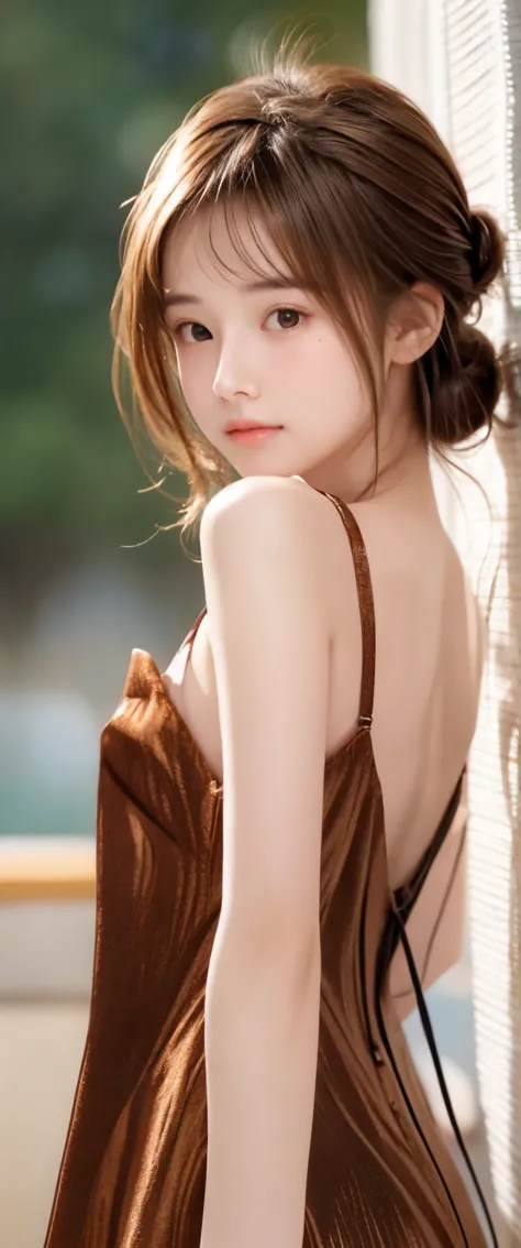 chignon hair,brown hair,slender body,cute pretty girl