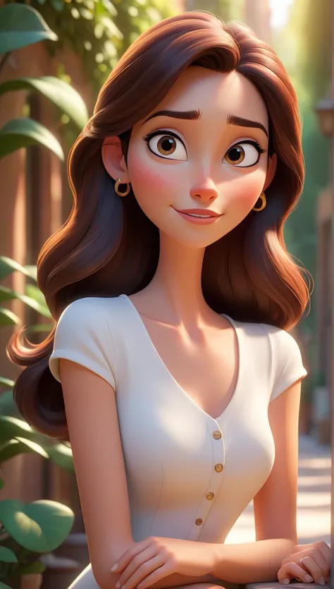 Pixar-style 3D character of a young woman with straight, dark brown hair, styled neatly and falling past her shoulders. She has warm, natural facial features with a soft smile. She is wearing a white sleeveless top, with subtle yet expressive large eyes ty...