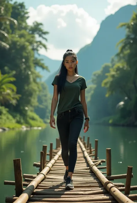 realistic, cinematic, Close-up, a beautiful Indonesian woman is crossing a small bridge made of bamboo with a background of river, trees and clouds. He wore a dark green t-shirt, black jeans and sports shoes. She looked at the camera and had long black hai...