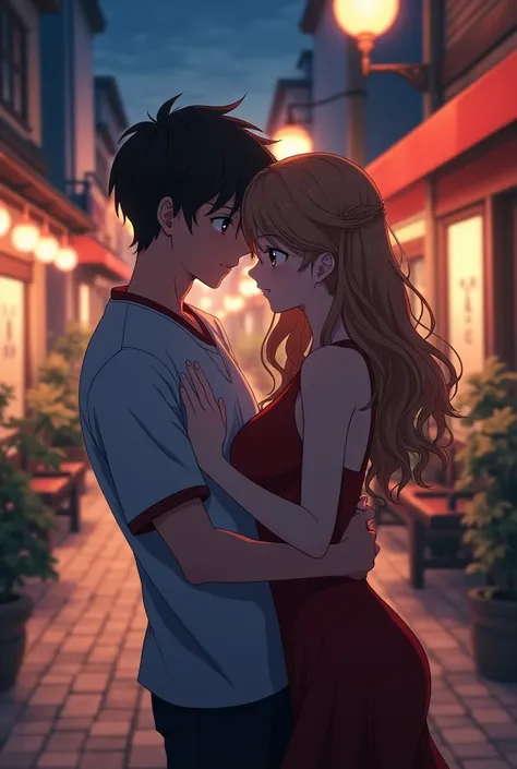 Beautiful young woman with perfect face with curvaceous body with wavy light brown hair with light gray eyes very sensual with her boyfriend Tobio from haikyu realistic anime hugging each other on the street at night 
